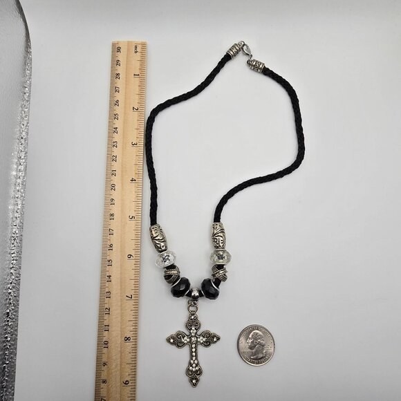 Silver Tone Necklace Corded Cross Beaded Dark Whimsigoth Religious Faith Jewelry - Picture 6 of 6